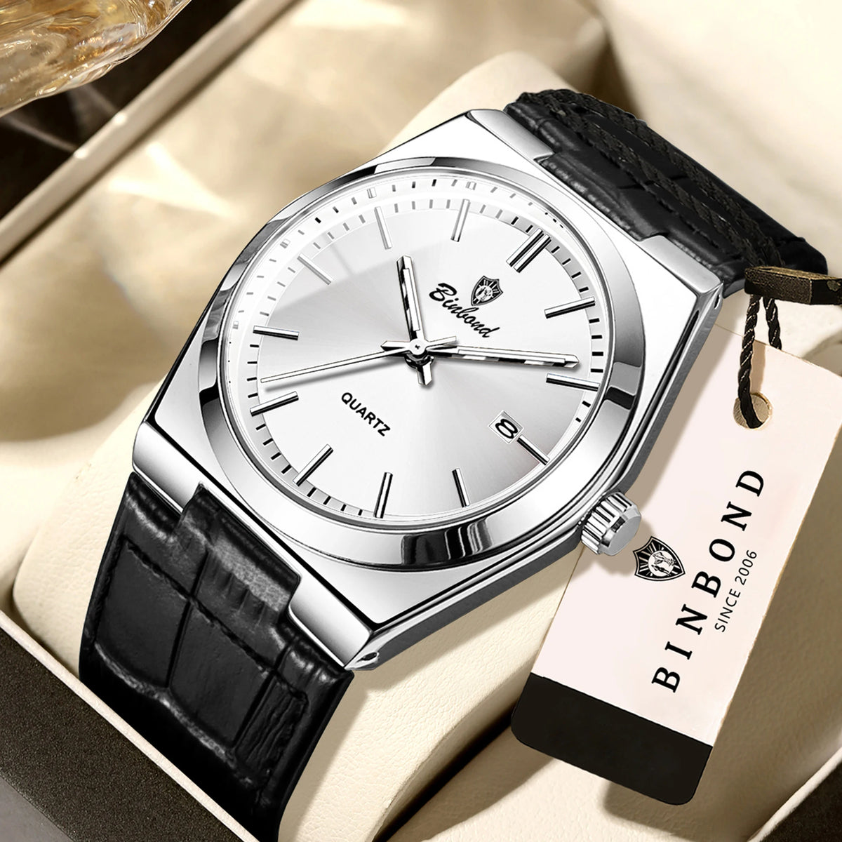 Relógio de pulso de luxo BINBOND com movimento de quartzo para homem – Impermeável, luminoso, com data automática – Estilo profissional, desportivo, moderno e descontraído – Pulseira em pele