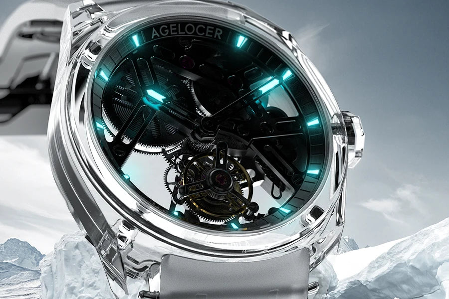 Reloj AGELOCER de edición limitada «Ice Never Melts» con tourbillon de cristal de oscilación libre, reloj mecánico manual de lujo