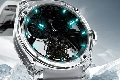 Reloj AGELOCER de edición limitada «Ice Never Melts» con tourbillon de cristal de oscilación libre, reloj mecánico manual de lujo