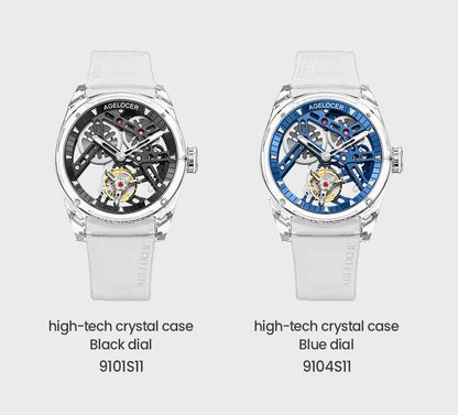 Reloj AGELOCER de edición limitada «Ice Never Melts» con tourbillon de cristal de oscilación libre, reloj mecánico manual de lujo