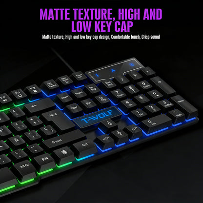Tastiera gaming meccanica con retroilluminazione RGB, cablata USB, per ufficio e casa, tasti multimediali, layout russo, spagnolo, arabo e inglese