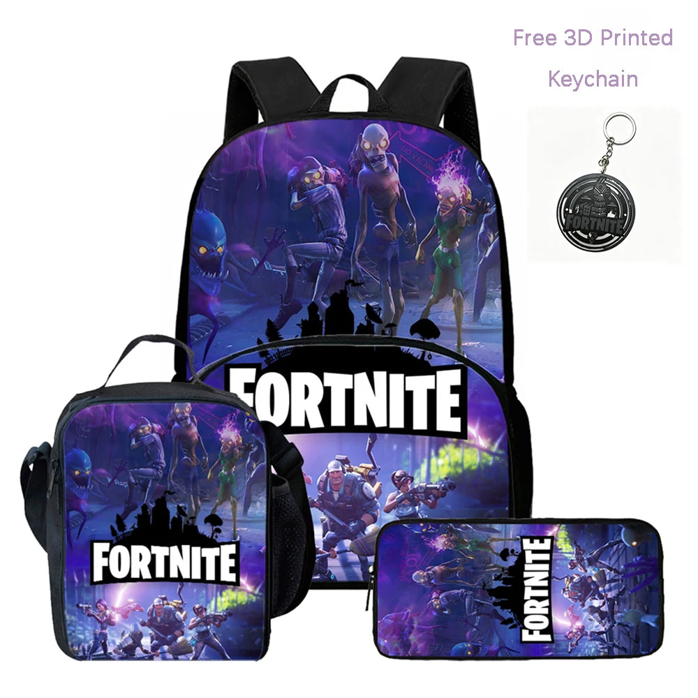 Zaino FORTNITE leggero 3 pezzi con tasca frontale, borsa pranzo, astuccio e portachiavi 3D stampato gratuito per bambini e bambine dai 5 ai 10 anni