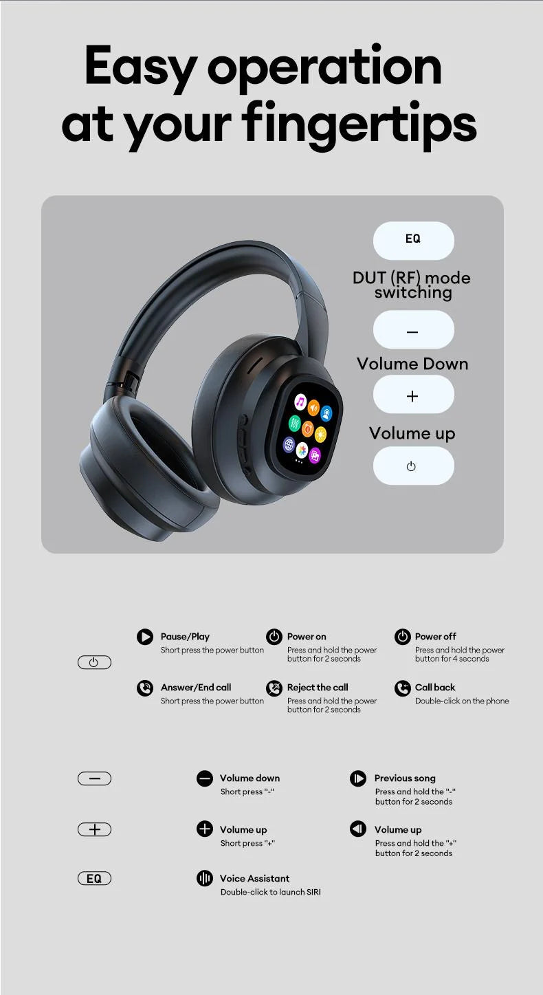 Auriculares inalámbricos Bluetooth con pantalla táctil LCD AI – Headset gaming con cancelación de ruido ANC, graves profundos y micrófono HD