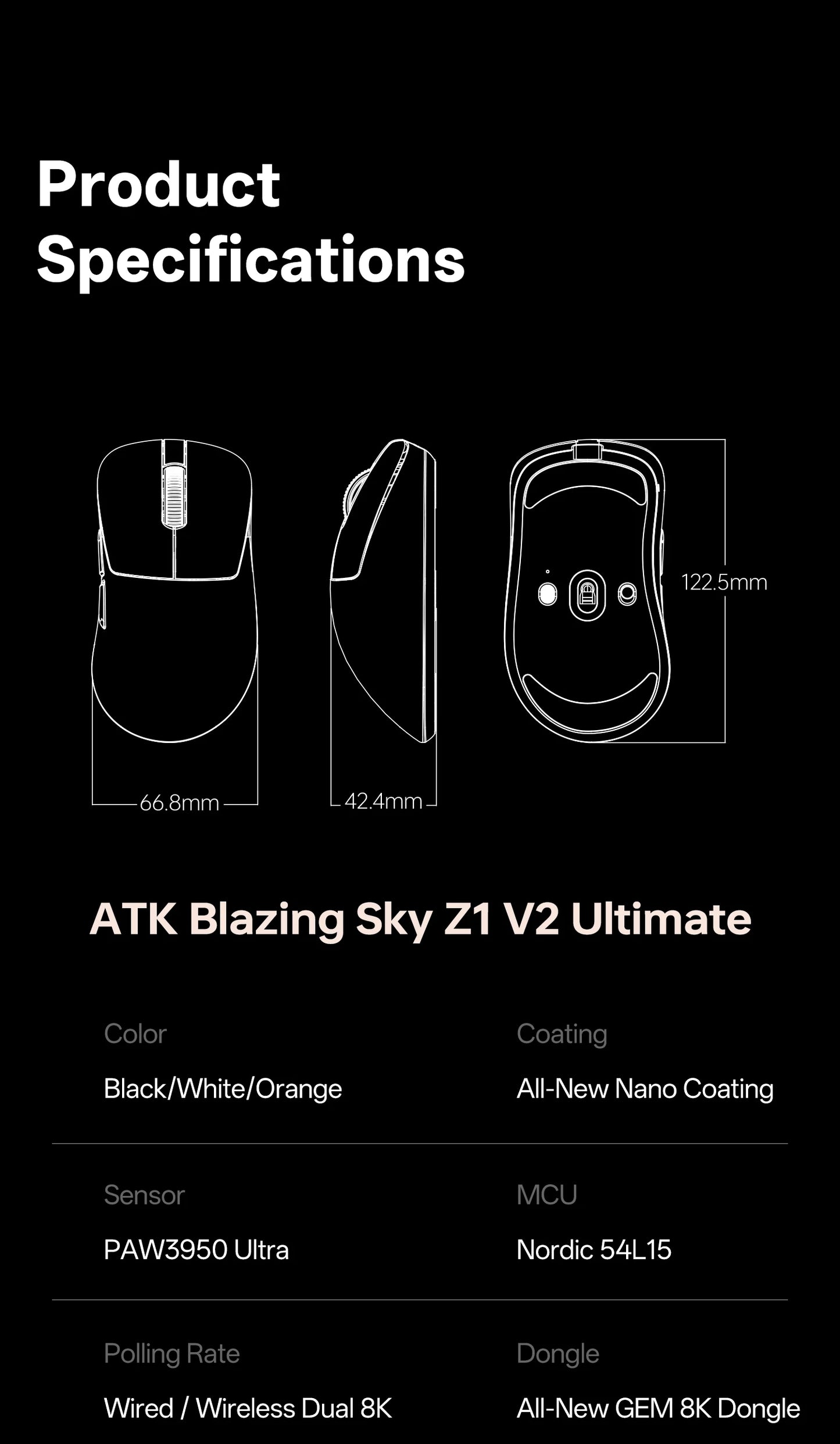 Ratón inalámbrico ATK Blazing Sky Z1 V2 Ultimate PAW3950 Ultra Dual 8K Gaming, ergonómico, desarrollo propio, para manos medianas y grandes