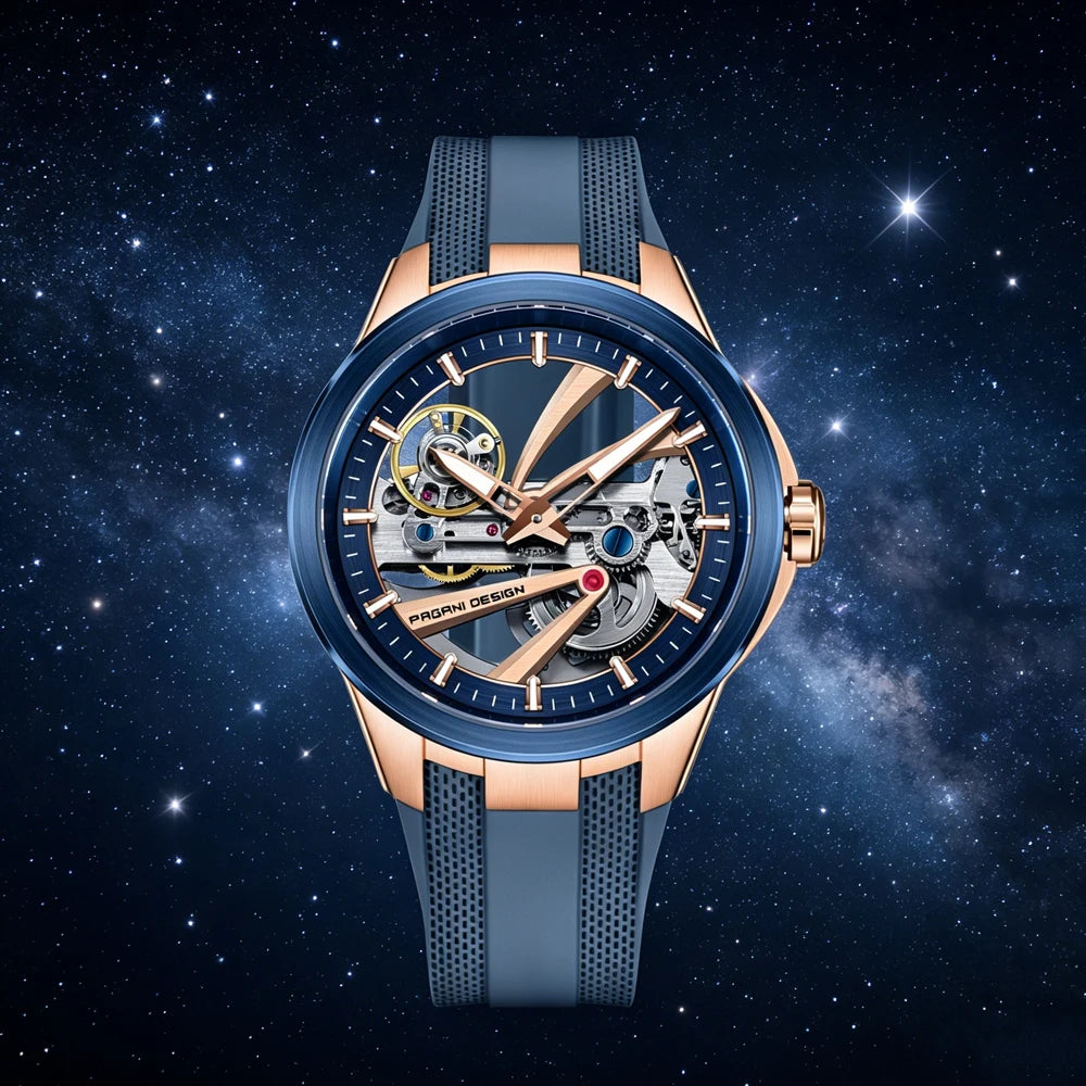 Pánske hodinky PAGANI DESIGN – Luxusný mechanický model s automatickým náťahom, typu „skelet“ (s otvoreným srdcom), vybavený tourbillonom, so zafírovým sklom s antireflexnou úpravou, vodotesné a luminiscenčné.