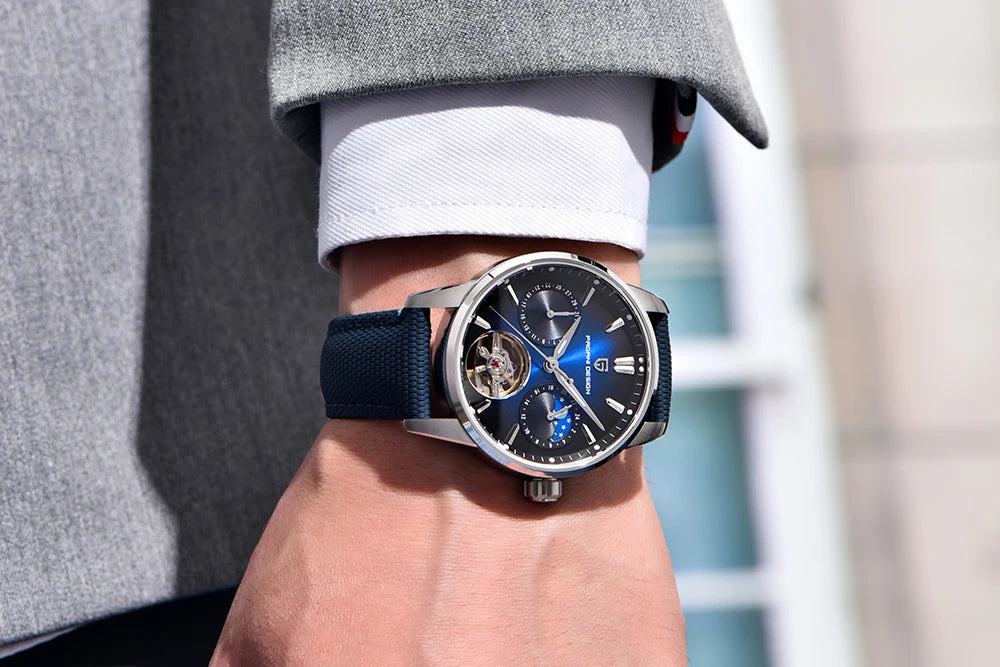 PAGANI DESIGN – Relógio mecânico de luxo para homem, 41 mm, vidro de safira, bracelete em pele, estanque, estilo piloto, com turbilhão e fase lunar