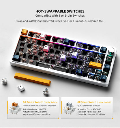 Teclado mecánico Machenike K600-B82W Tri-Modos con montaje gasket, diseño ANSI 75%, retroiluminación RGB y conexión inalámbrica para gaming
