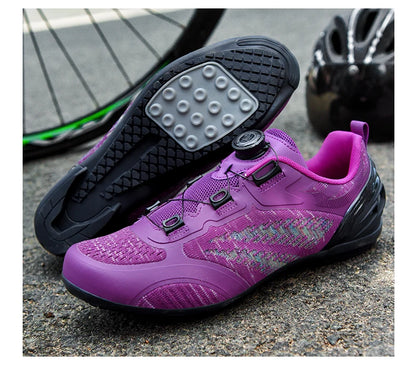 Zapatillas de ciclismo MTB para hombre y mujer T03 moradas, transpirables, de velocidad, con autocierre, para ciclismo de carretera, deporte al aire libre, competición y entrenamiento