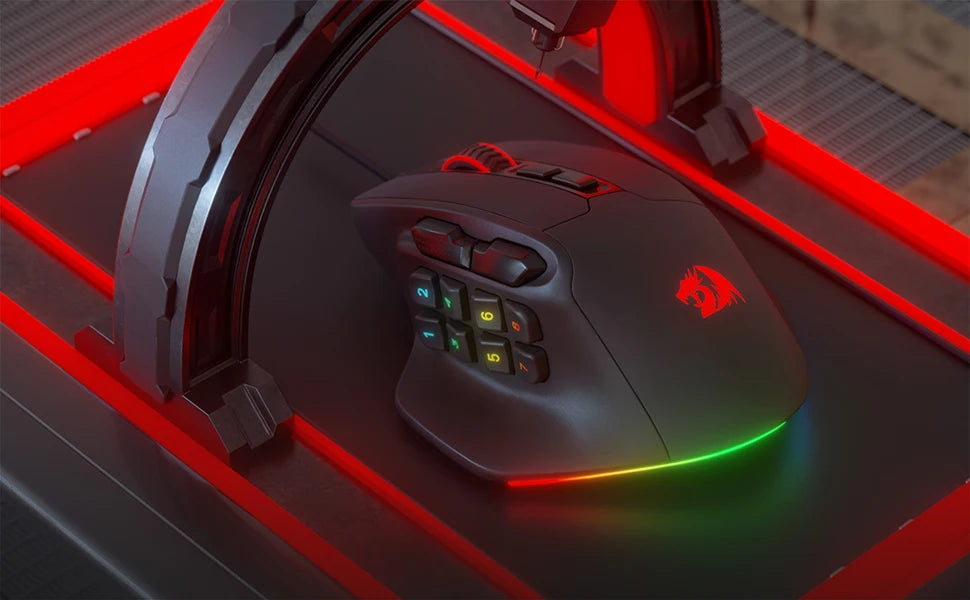 Redragon M811 Aatrox MMO-gamingmuis, bedrade RGB-gamingmuis met 15 programmeerbare knoppen, ergonomische optische gamingmuis met 12.400 DPI