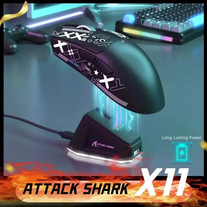 Ratón gaming inalámbrico ATTACK SHARK X11 Original Brand con base de carga, sensor gaming PixArt PAW3311, conexión BT/2.4G inalámbrica/con cable