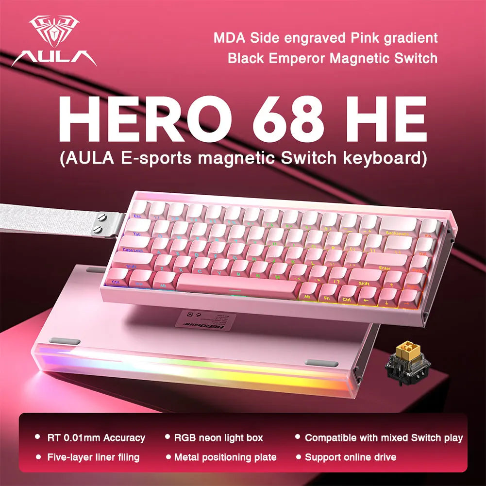 AULA HERO68 HE Tastiera con switch magnetici, Rapid Trigger, polling rate 8K, tastiera da gaming eSports RGB cablata meccanica