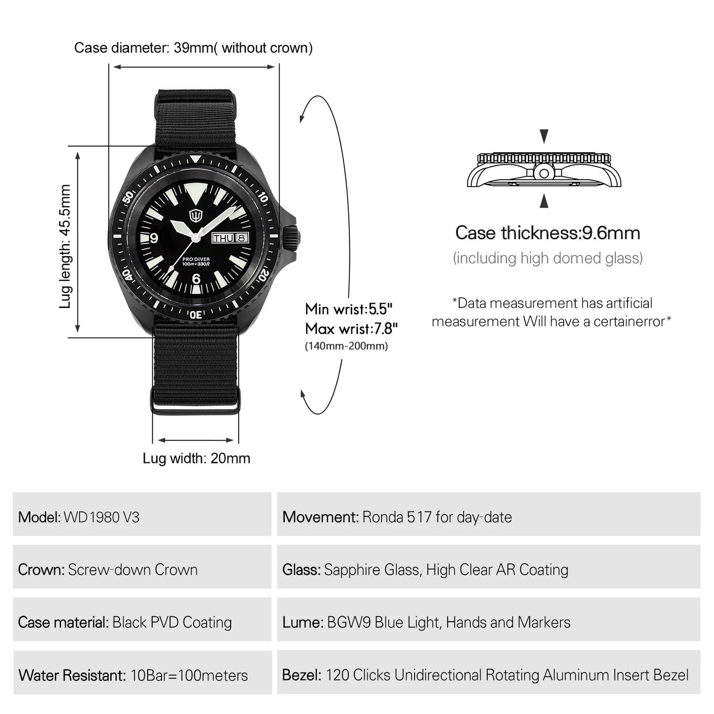 Orologio di lusso da uomo Watchdives WD1980 V3 con movimento al quarzo VH31 Sweep Seconds, vetro zaffiro con rivestimento AR e impermeabilità 10Bar