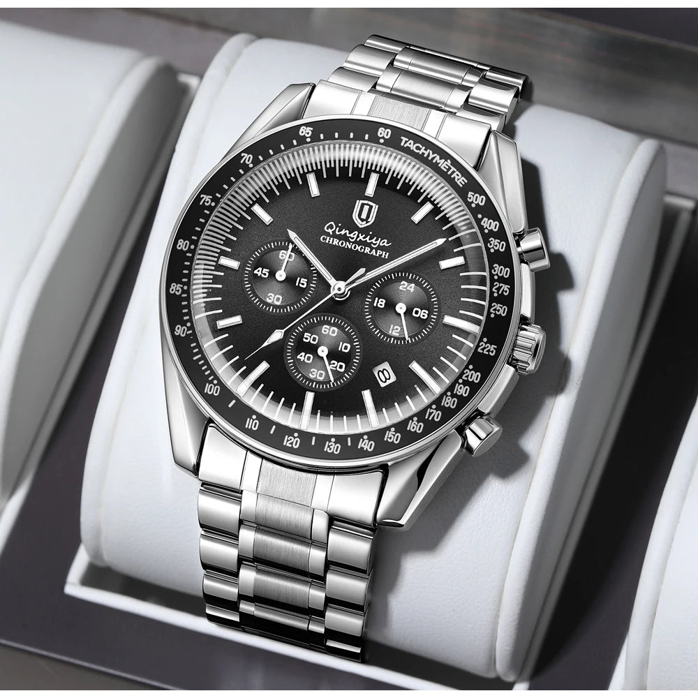 Relógio de quartzo para homem, de marca de luxo, estanque e luminescente, em aço inoxidável, equipado com um cronógrafo de 24 horas e um indicador de data – Relógio elegante para homem
