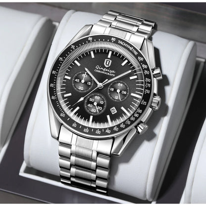 Relógio de quartzo para homem, de marca de luxo, estanque e luminescente, em aço inoxidável, equipado com um cronógrafo de 24 horas e um indicador de data – Relógio elegante para homem