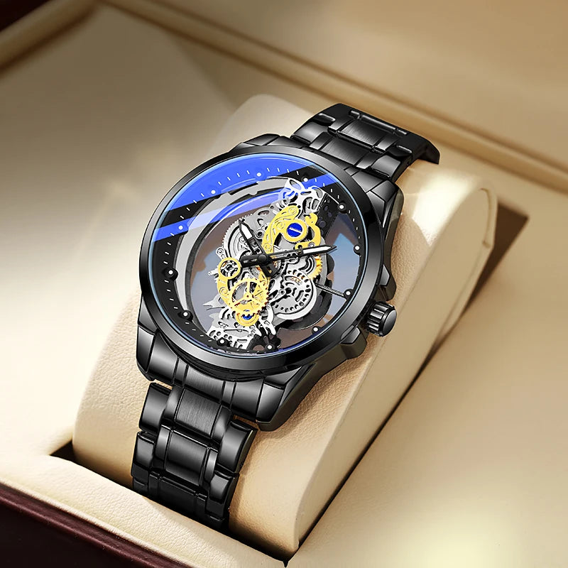 Relógio de pulso para homem TPW – Estilo moderno, modelo «esqueleto» (preto, dourado ou azul), movimento de quartzo (não automático), acessório de luxo, coleção – Venda por grosso