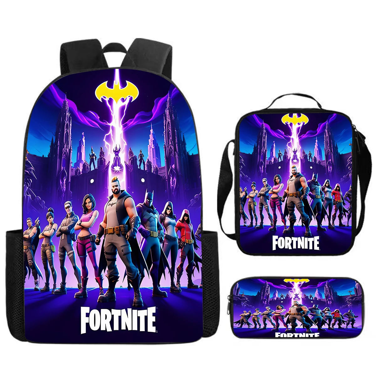 Set Fortnite Cartoon de 3 piezas, gran capacidad, adecuado para niños y niñas de 5 a 8 años, incluye mochila, bolsa para comida y estuche para lápices