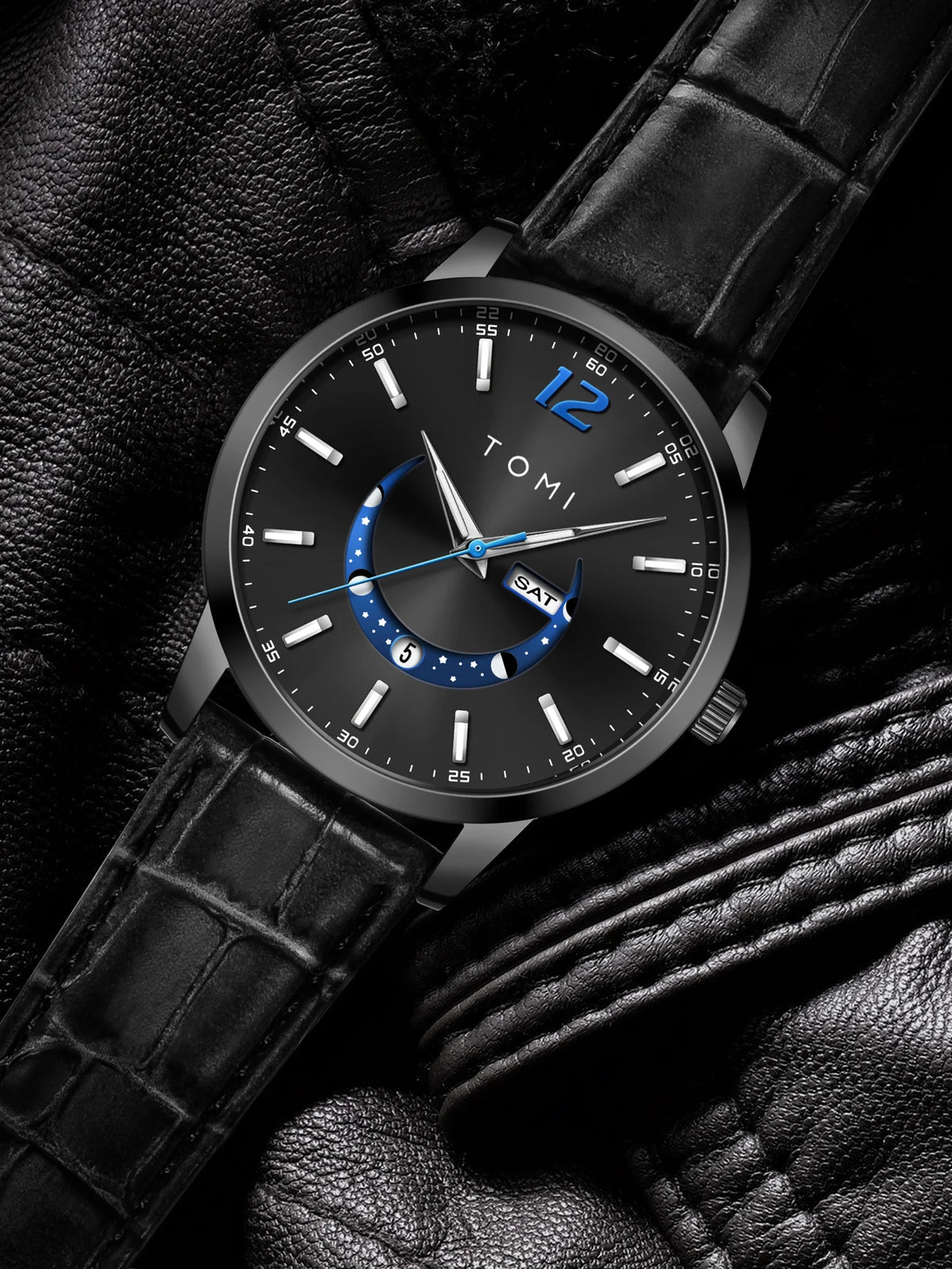 Relógio de quartzo TOMI, estilo empresarial e elegante, com bracelete em pele, caixa em liga metálica e mostrador com ponteiros – Design de alta qualidade, ideia de presente para homem