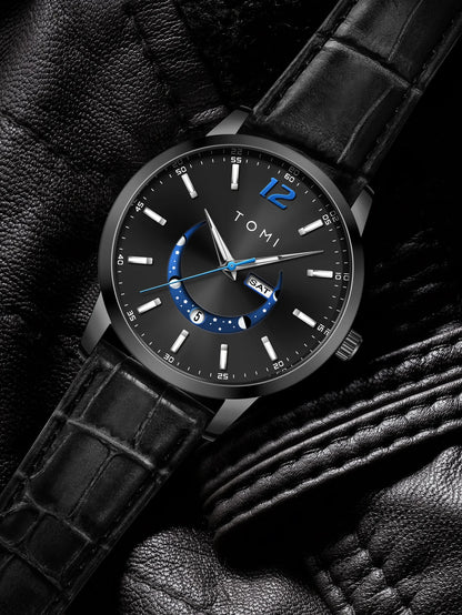 Relógio de quartzo TOMI, estilo empresarial e elegante, com bracelete em pele, caixa em liga metálica e mostrador com ponteiros – Design de alta qualidade, ideia de presente para homem