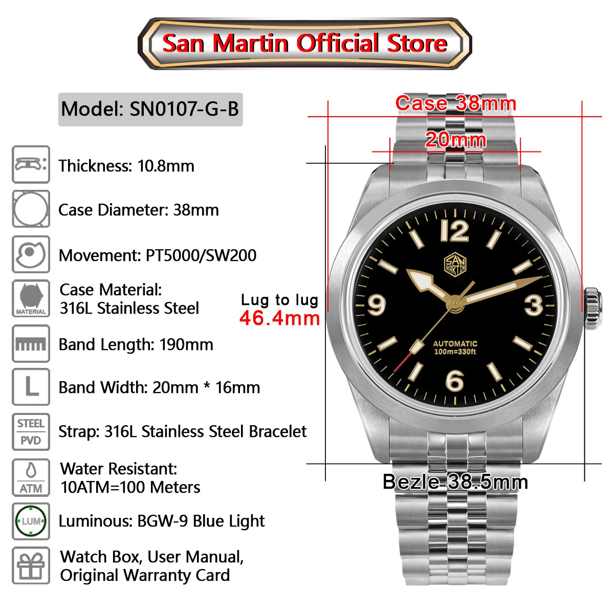 San Martin 38mm Men Sport Watch Fashion Luxury Explore Climbing Automatic Mechanical Sapphire Waterproof 5 Links Bracelet BGW-9