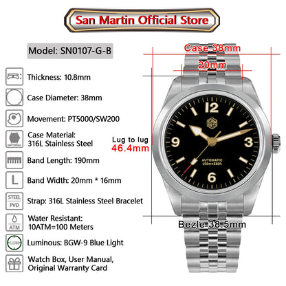 San Martin 38mm Men Sport Watch Fashion Luxury Explore Climbing Automatic Mechanical Sapphire Waterproof 5 Links Bracelet BGW-9