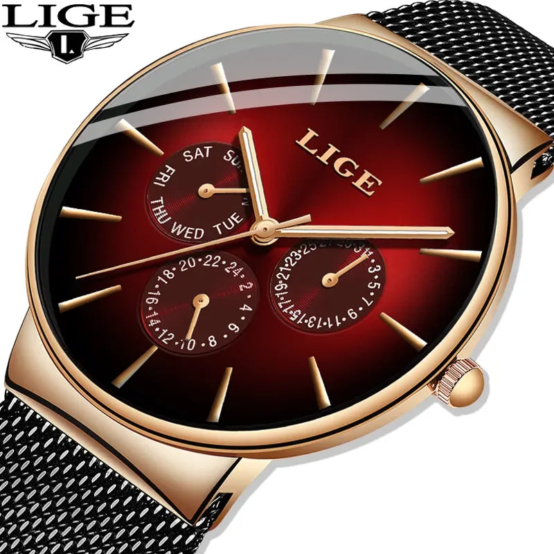 Relógio feminino LIGE, elegante e moderno – Estilo desportivo e descontraído, bracelete em malha, movimento de quartzo, indicação da data e do dia, resistente à água.