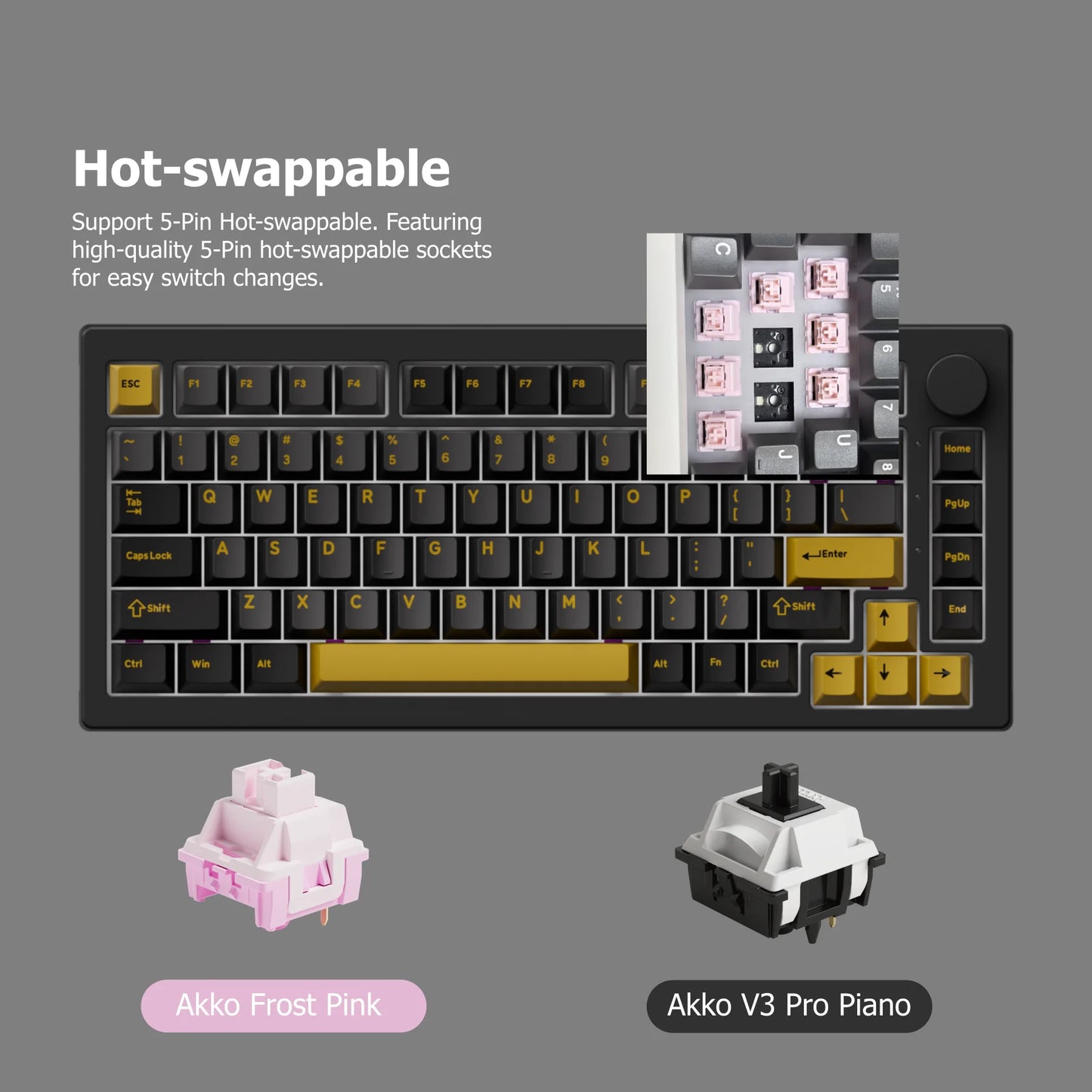 Teclado Akko 5075 V3 75% ANSI-US con rueda de volumen, hot-swappable, RGB, USB Type-C/2.4g y BT5.0, trimodo, teclado mecánico gaming personalizado