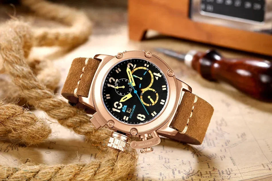 Automatic Watches for Men Mechanical Self Wind Genuine Leather Multifunction Date Boat Month Gold Bronze U Reloj Hombre Baratos