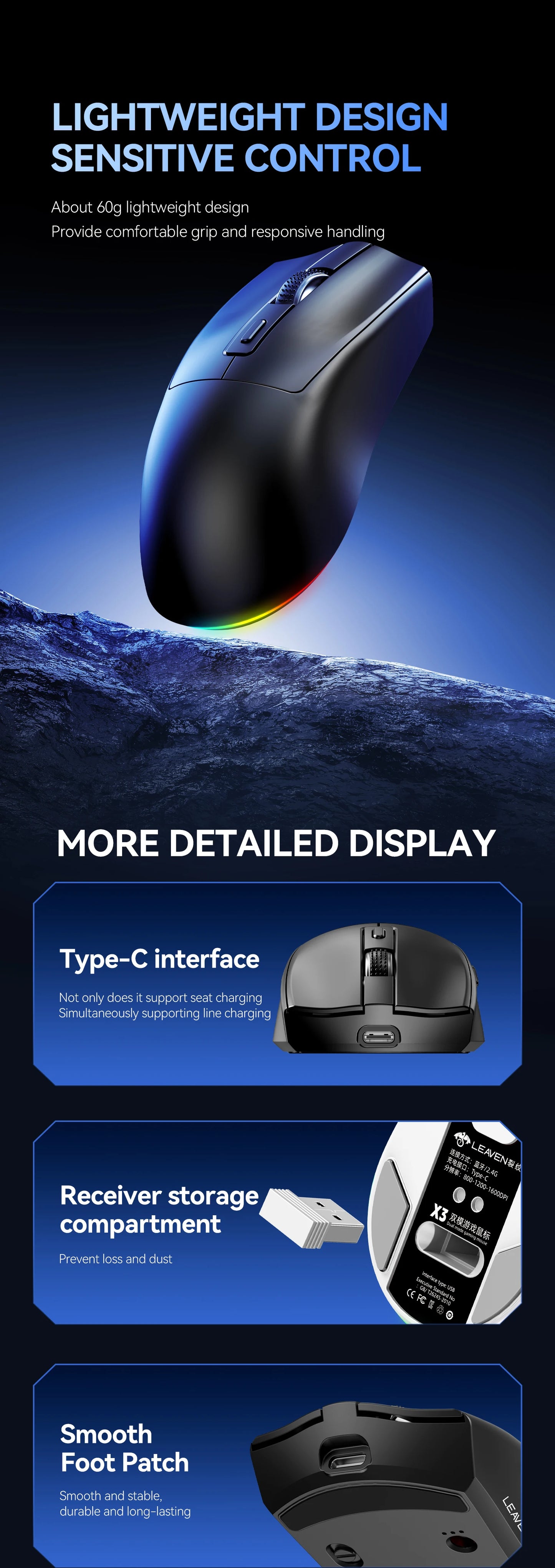 Dual-Mode Wireless Mouse with Magnetic Charging Dock, RGB Backlit Bluetooth & 2.4G Wireless Mouse, Rechargeable Ergonomic Mouse with Adjustable 1600 DPI