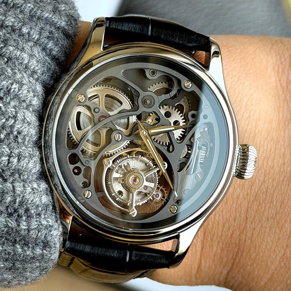 Merkur 100% Skeleton Tourbillon Watch Men's Sapphire Watch For Men Mechanical Carving Wristwatches Black Relogio Masculino 42mm