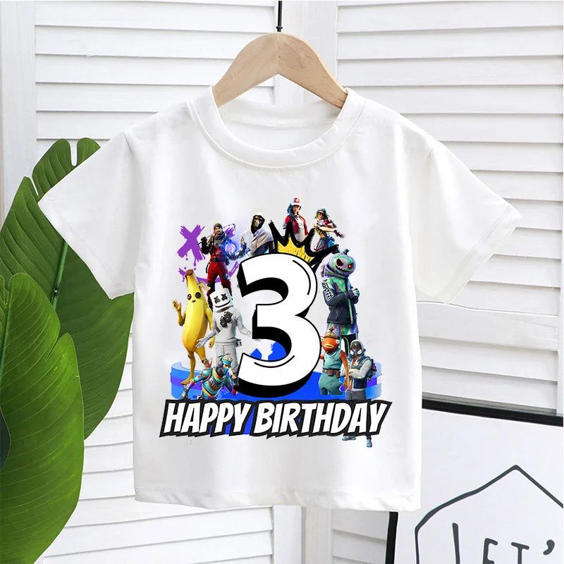 Camiseta infantil de cumpleaños Fortnite con número para niñas y niños, ropa de verano, camiseta de algodón para bebé, tops de manga corta para fiesta, regalo para niños pequeños