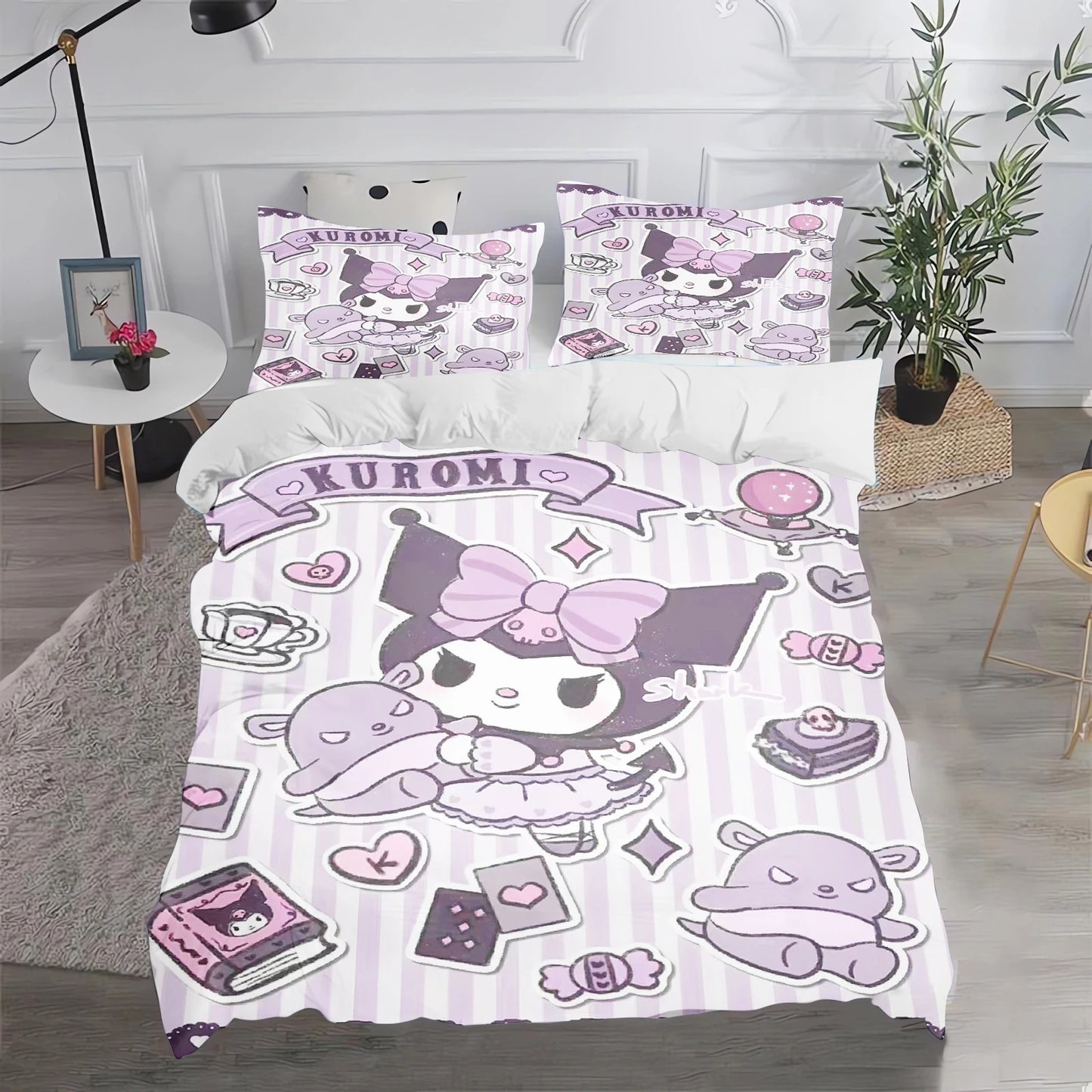 Conjunto de Capa de Edredão e Fronha Kuromi Fofo para Cama, Decoração de Quarto para Adulto, Rapaz e Rapariga, Presente para Crianças, Tamanho Individual, Duplo e Grande