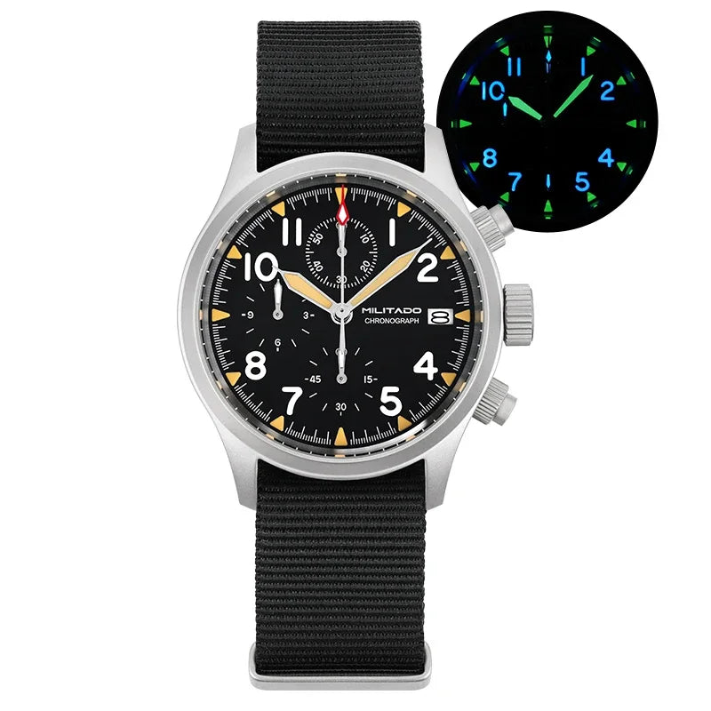 Orologio cronografo al quarzo Militado VK61 VK67, 39mm, cassa in acciaio inox 316L, 3 quadranti, impermeabile 100M, orologio militare multifunzione