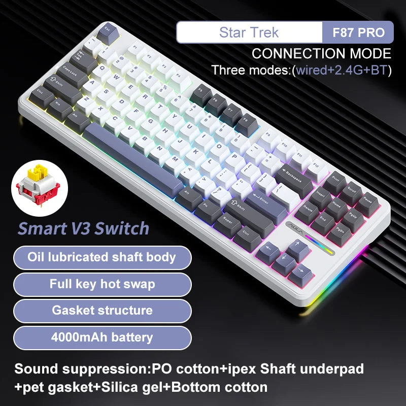 AULA F87 Pro Wireless Mechanical Keyboard 87 Keys Bluetooth 2.4G Wired Gaming Keyboard RGB Hotswap Gamer Non-contact Keyboard