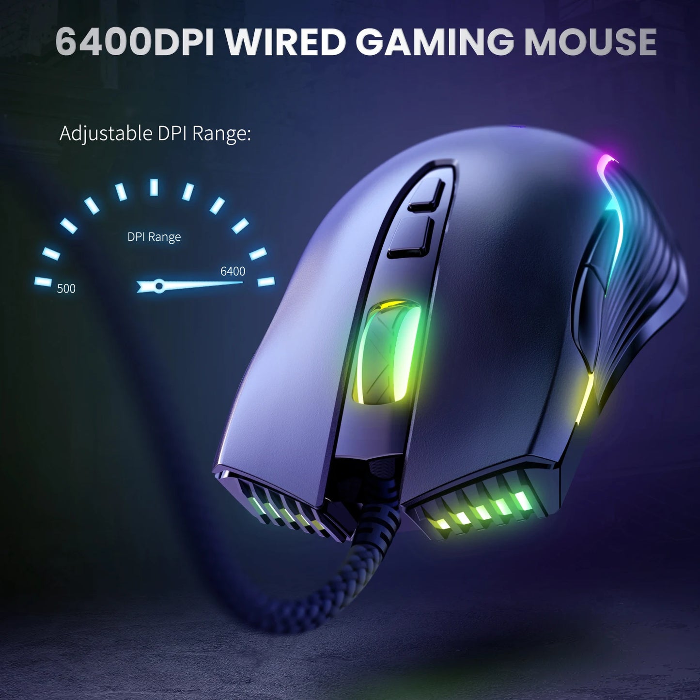 Ratón gaming con cable ONIKUMA, 6 niveles ajustables, 6400 DPI, 7 botones programables, 7 modos de iluminación RGB, diseño ergonómico para gamers de PC