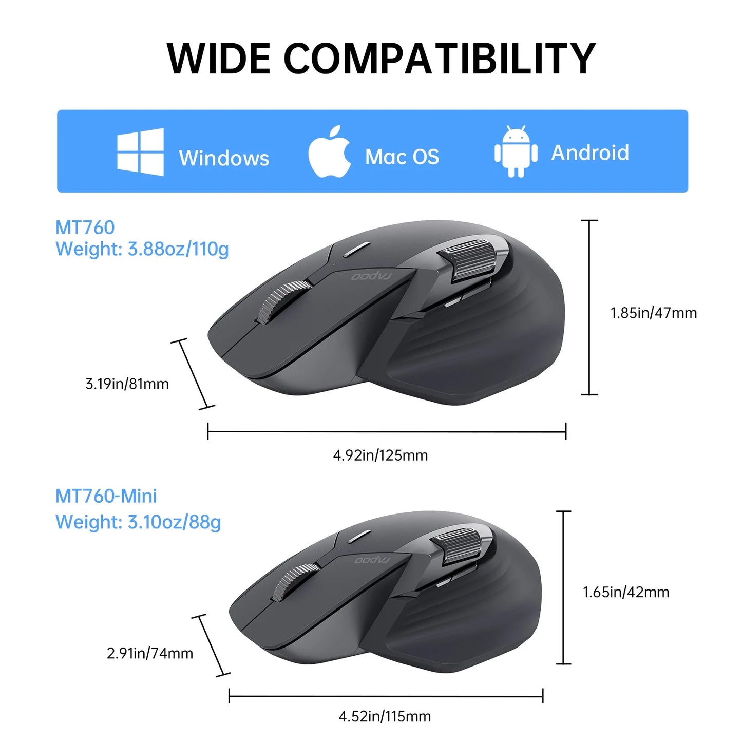 Mouse wireless ricaricabile multimodale Rapoo MT760L/MT760M, ergonomico, 4000 DPI, supporto fino a 4 dispositivi, Bluetooth