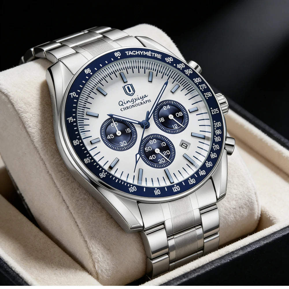 Relógio de quartzo para homem, de marca de luxo, estanque e luminescente, em aço inoxidável, equipado com um cronógrafo de 24 horas e um indicador de data – Relógio elegante para homem