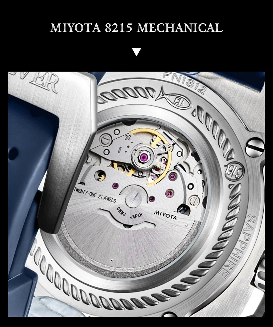 Orologio subacqueo automatico FeelNever 8215 da uomo, super luminoso, in acciaio 316, con vetro zaffiro, orologio sportivo meccanico maschile