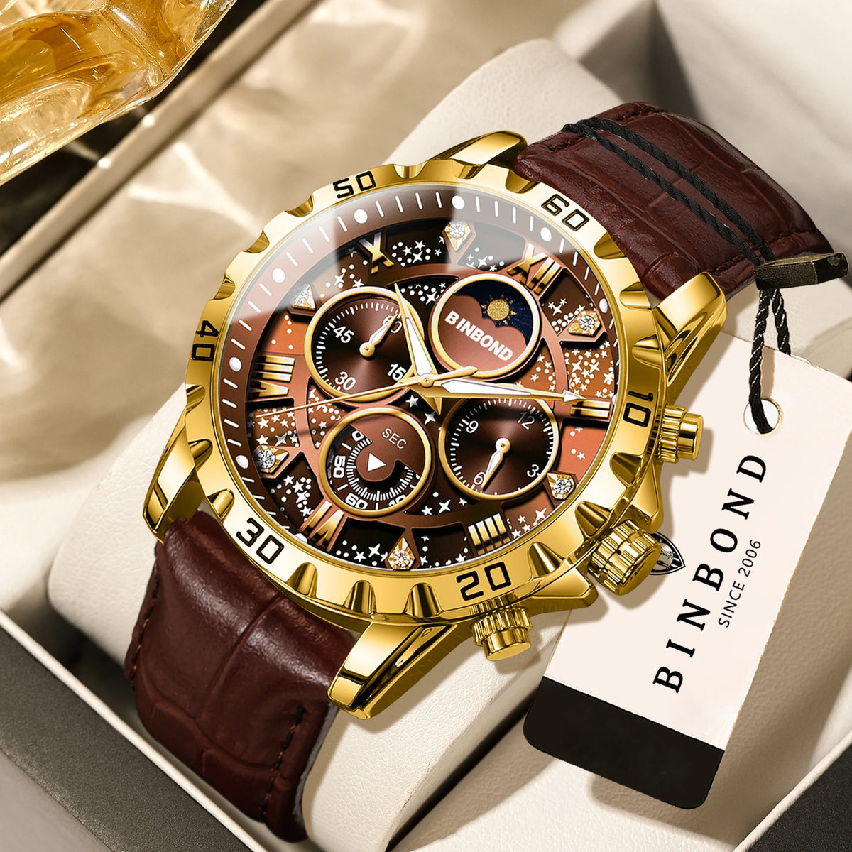 Relógio de pulso de quartzo BINBOND, autêntico e preciso, para homem, cronógrafo luxuoso, resistente à água e com luz, com bracelete em pele.