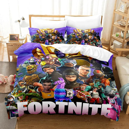 F-Fortnite 3PCS Bedding Set Battle Royale Kids Duvet Cover Quilt Pillowcase Double Size Victory Game Bedroom Linen Decoration