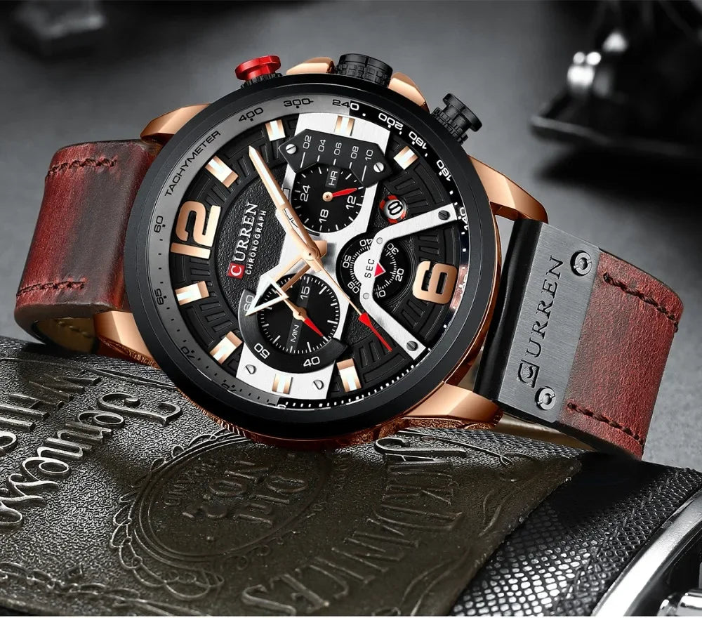 Relógio para homem CURREN 8329 – Estilo desportivo descontraído, design militar, bracelete em pele, cronógrafo na moda, relógio de luxo de grande marca
