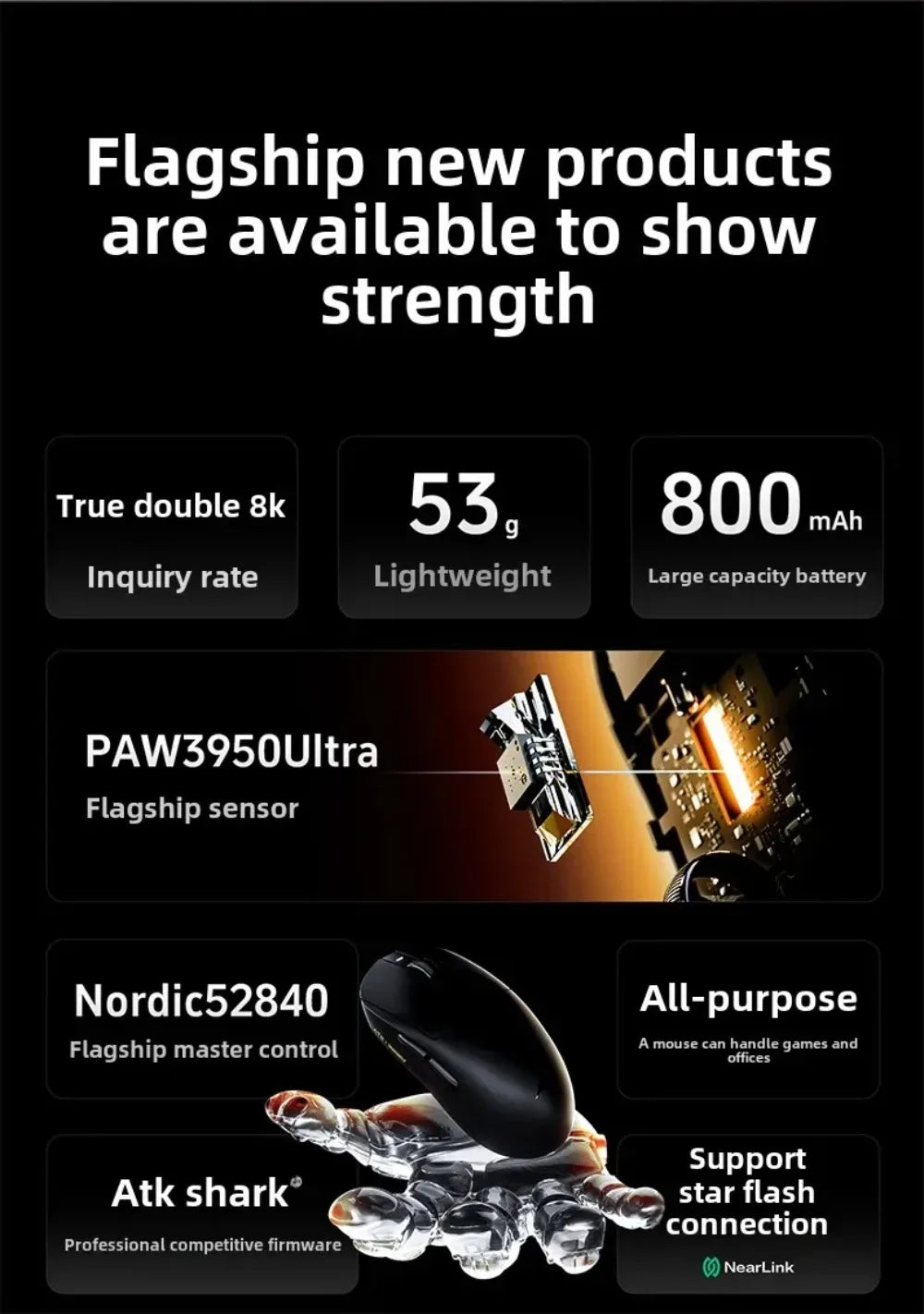 Mouse gaming wireless Bluetooth ATK Dragonfly A9, design ergonomico, risposta rapida, PAW3950 Ultra, 800mAh, leggero, 8KHz, eSport