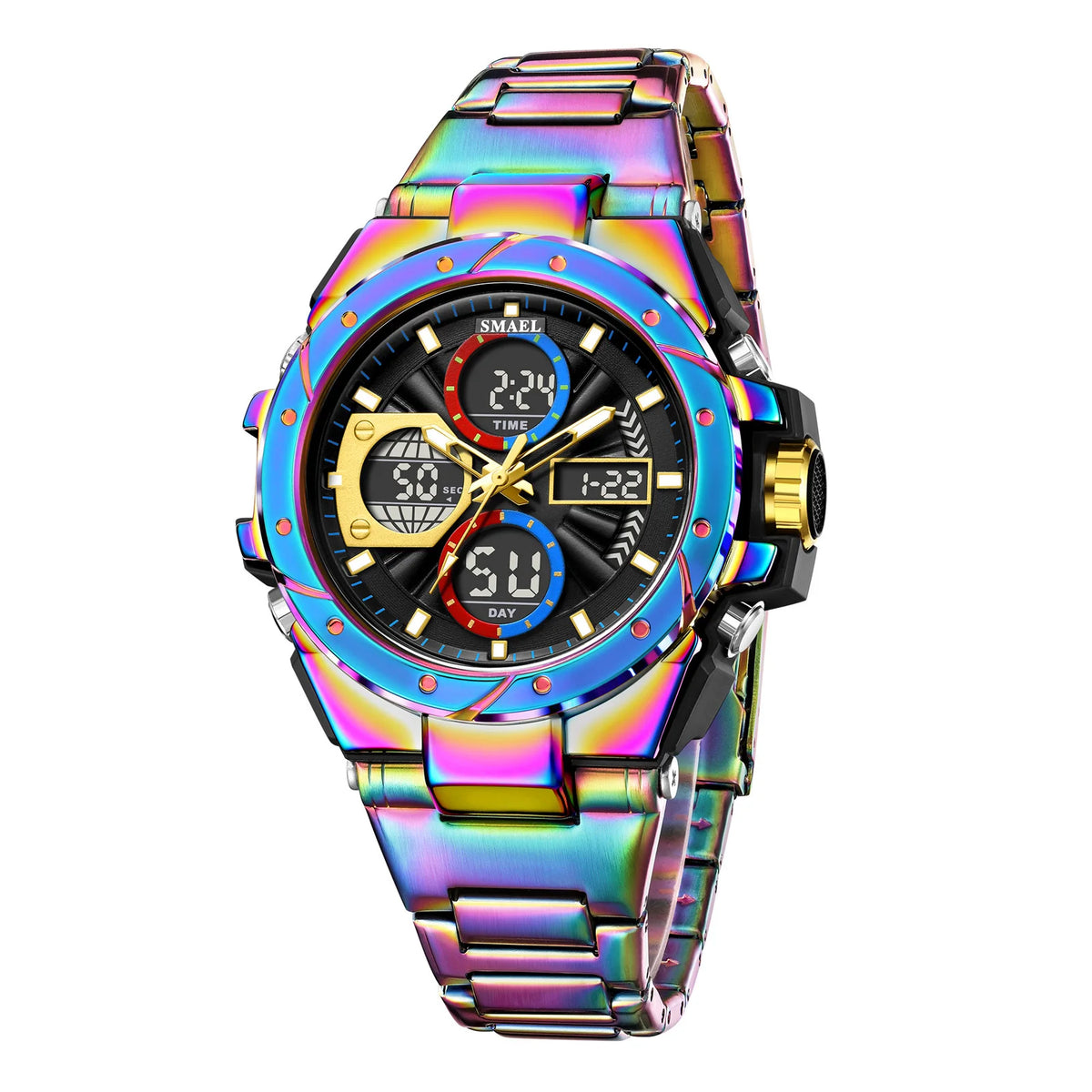 Orologio da uomo SMAEL 8160 – Modello sportivo militare, analogico e digitale, in acciaio inossidabile – Impermeabile, con display a LED, sveglia, cronografo e cronometro