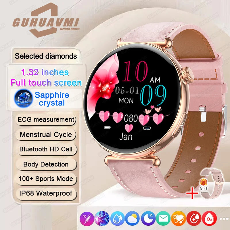 New 1.32inch Smart Watch For Women Health ECG Health Lady Watches Full Touch Screen Call Custom Dial Diamond Strap Smartwatch