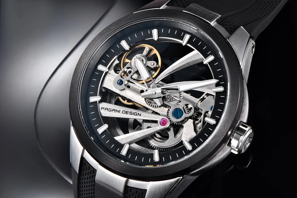Pánske hodinky PAGANI DESIGN – Luxusný mechanický model s automatickým náťahom, typu „skelet“ (s otvoreným srdcom), vybavený tourbillonom, so zafírovým sklom s antireflexnou úpravou, vodotesné a luminiscenčné.