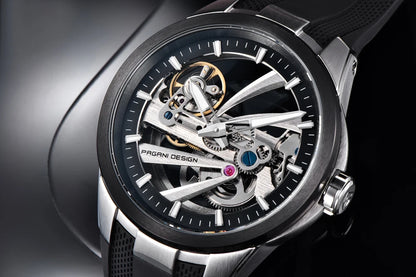 Pánske hodinky PAGANI DESIGN – Luxusný mechanický model s automatickým náťahom, typu „skelet“ (s otvoreným srdcom), vybavený tourbillonom, so zafírovým sklom s antireflexnou úpravou, vodotesné a luminiscenčné.