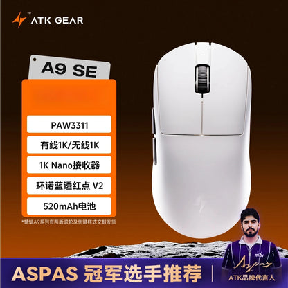 Mouse gaming wireless Bluetooth ATK Dragonfly A9, design ergonomico, risposta rapida, PAW3950 Ultra, 800mAh, leggero, 8KHz, eSport