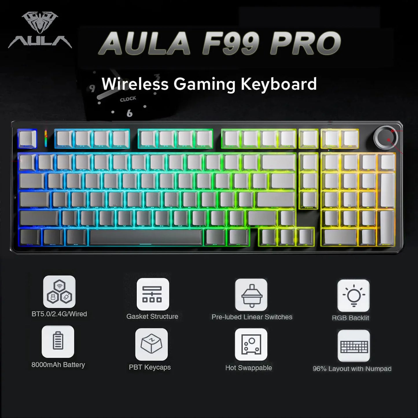 AULA F99 Pro Tastiera meccanica da gaming e-sport, tre modalità, RGB, hot-swappable, 96%, PBT, tastiera wireless personalizzata con manopola multimediale