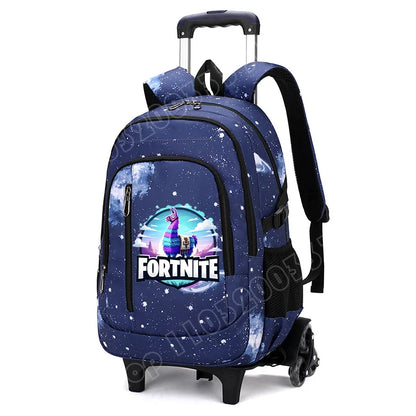 Mochila trolley 2 en 1 Fortnite con estampado de cielo estrellado, gran capacidad, impermeable, compartimento para portátil, diseño para subir escaleras, mochila escolar para estudiantes