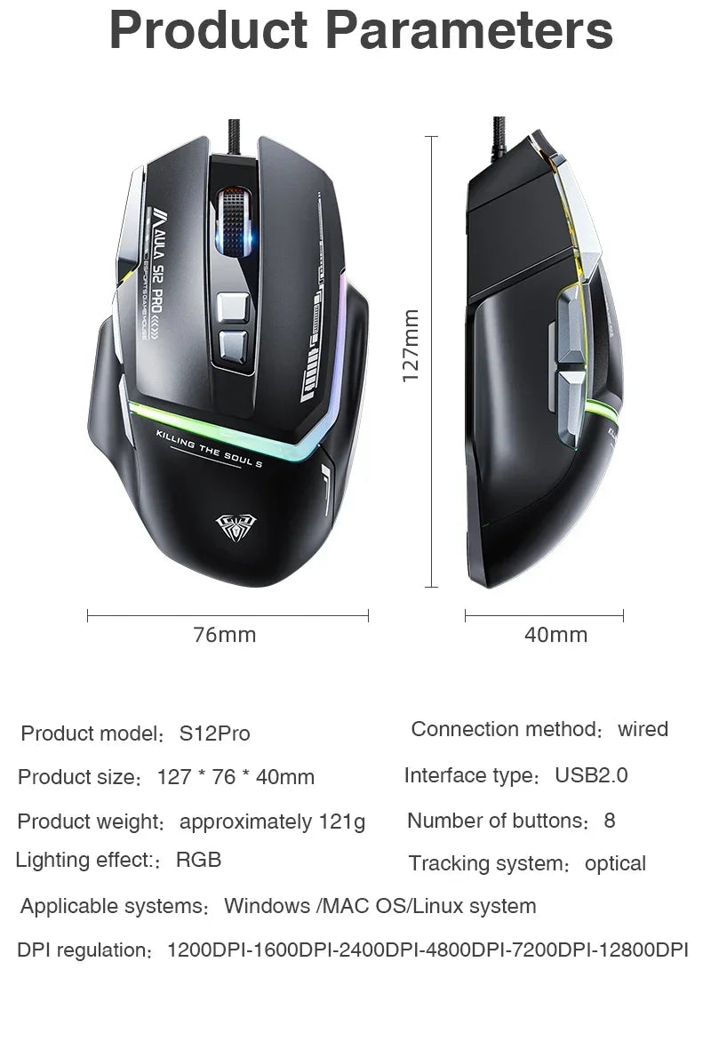 Mouse meccanico cablato AULA S12Pro 1000HZ 12800DPI RGB a bassa latenza con macro personalizzabili, mouse da gaming esports, accessori per PC gamer