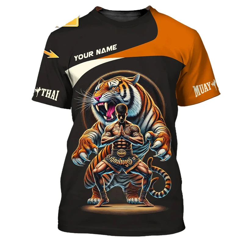Fajna nowa koszulka z nadrukiem graficznym Muay Thai dla mężczyzn – nadruk 3D z motywem tygrysa i smoka, spersonalizowana z imieniem, letnia koszulka na siłownię i do fitnessu